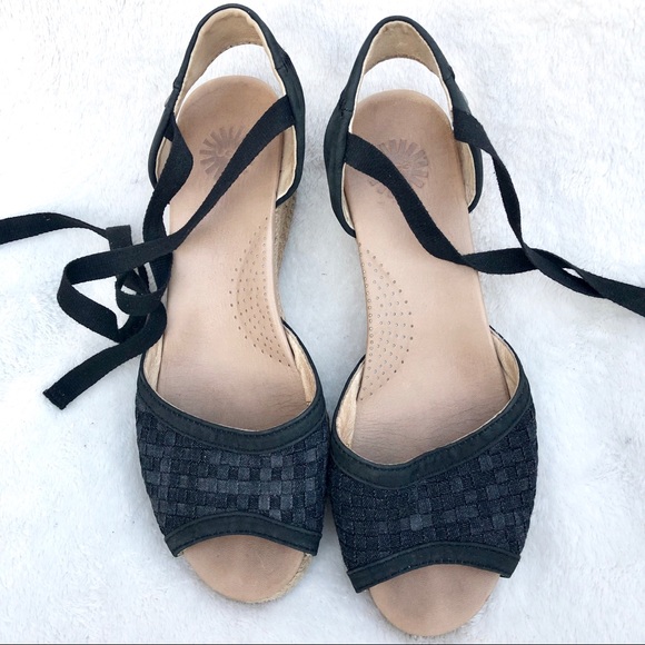 UGG Shoes - UGG Delmar Black Leather Canvas Wedge Sandals 8.5